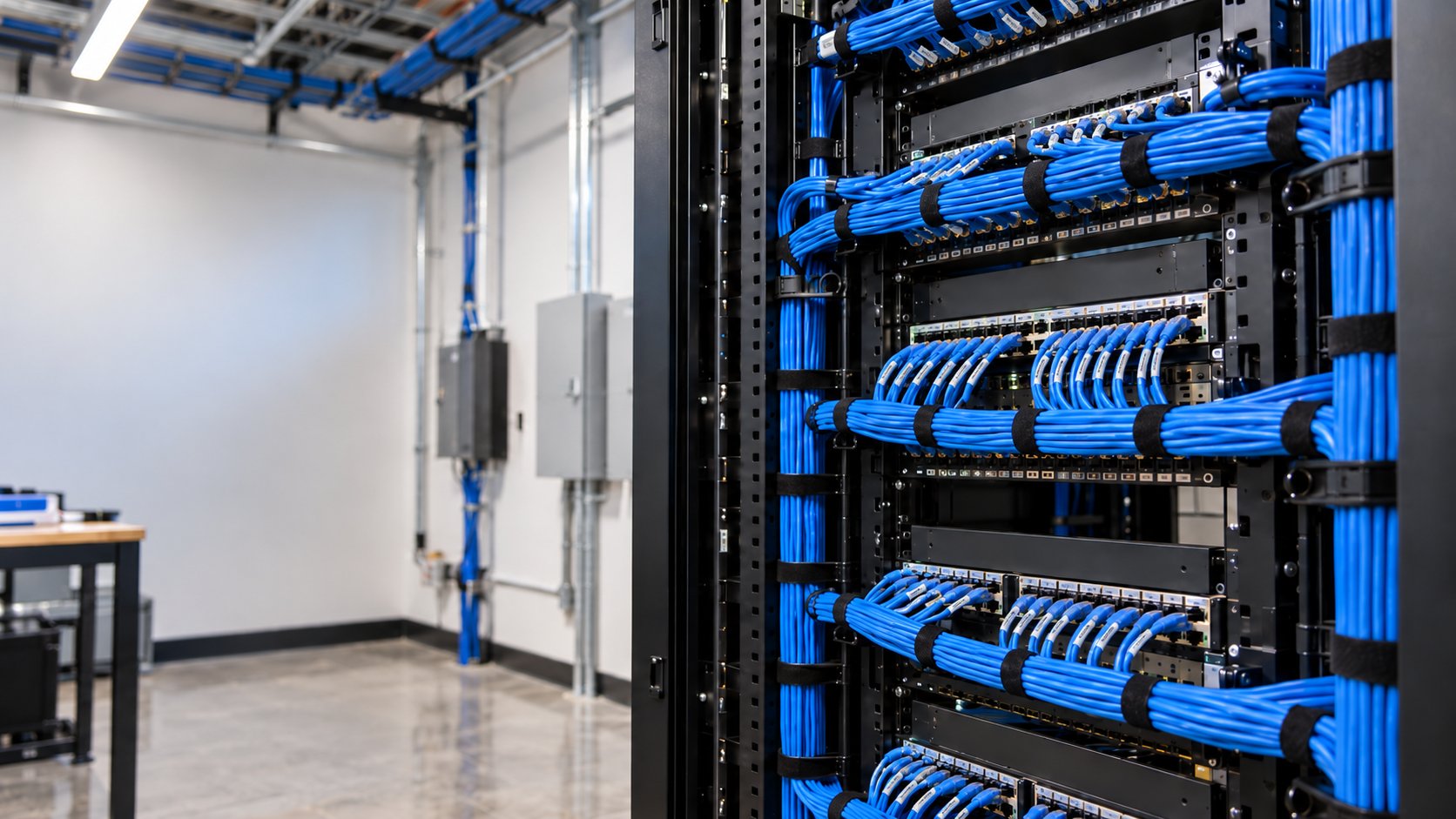Network rack with neatly dressed blue Cat6 cables and patch panels