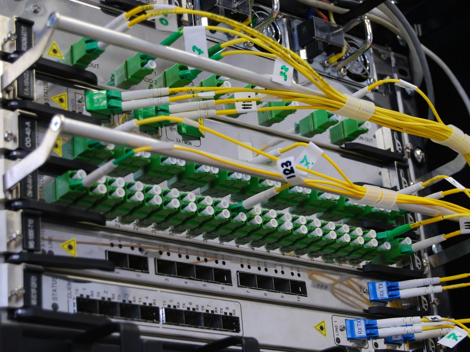 Fiber optic patch cords connected to network equipment