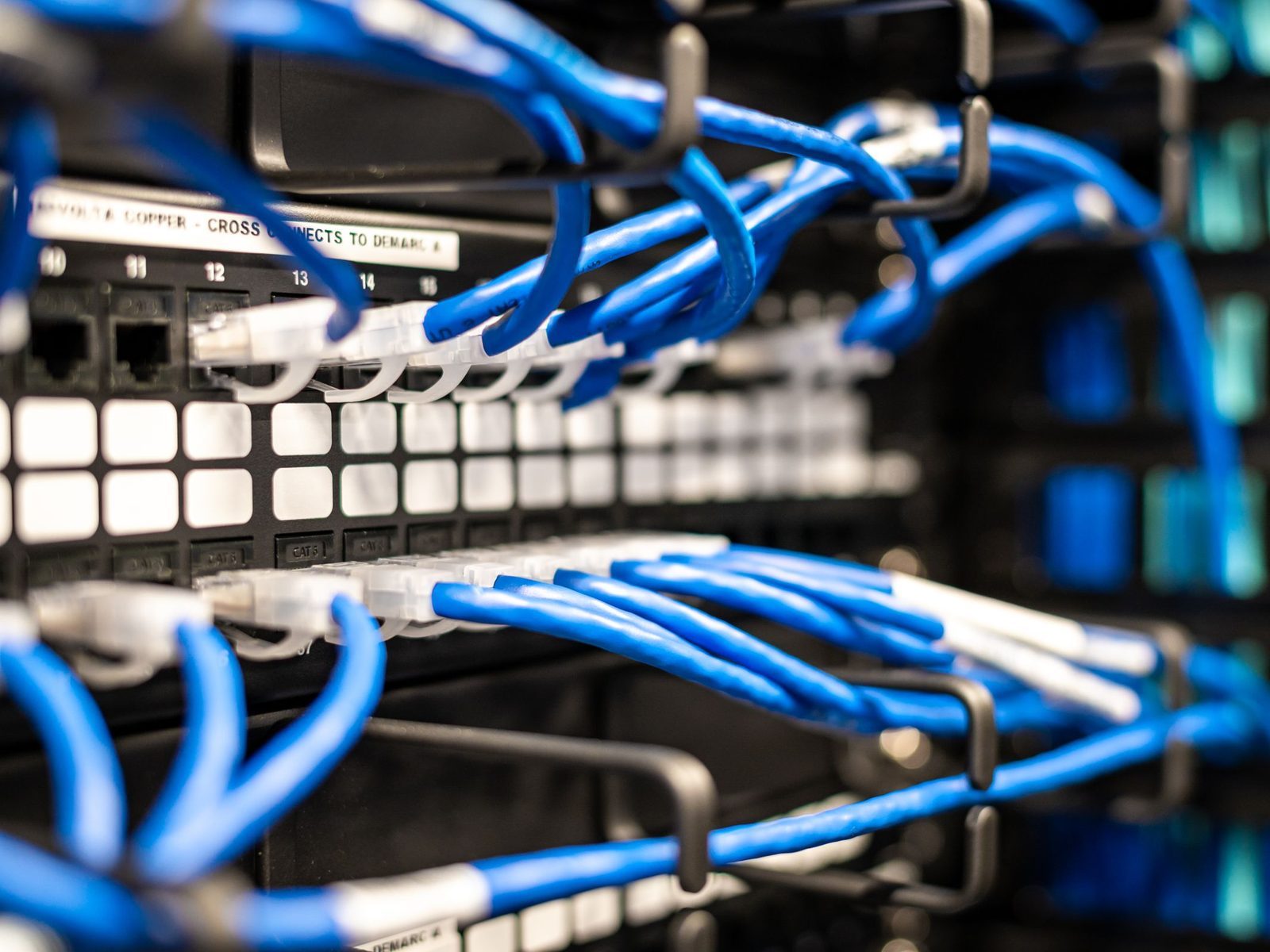 Cat6 patch panel with a printed label and numbered ports, blue patch cords routed through cable managers